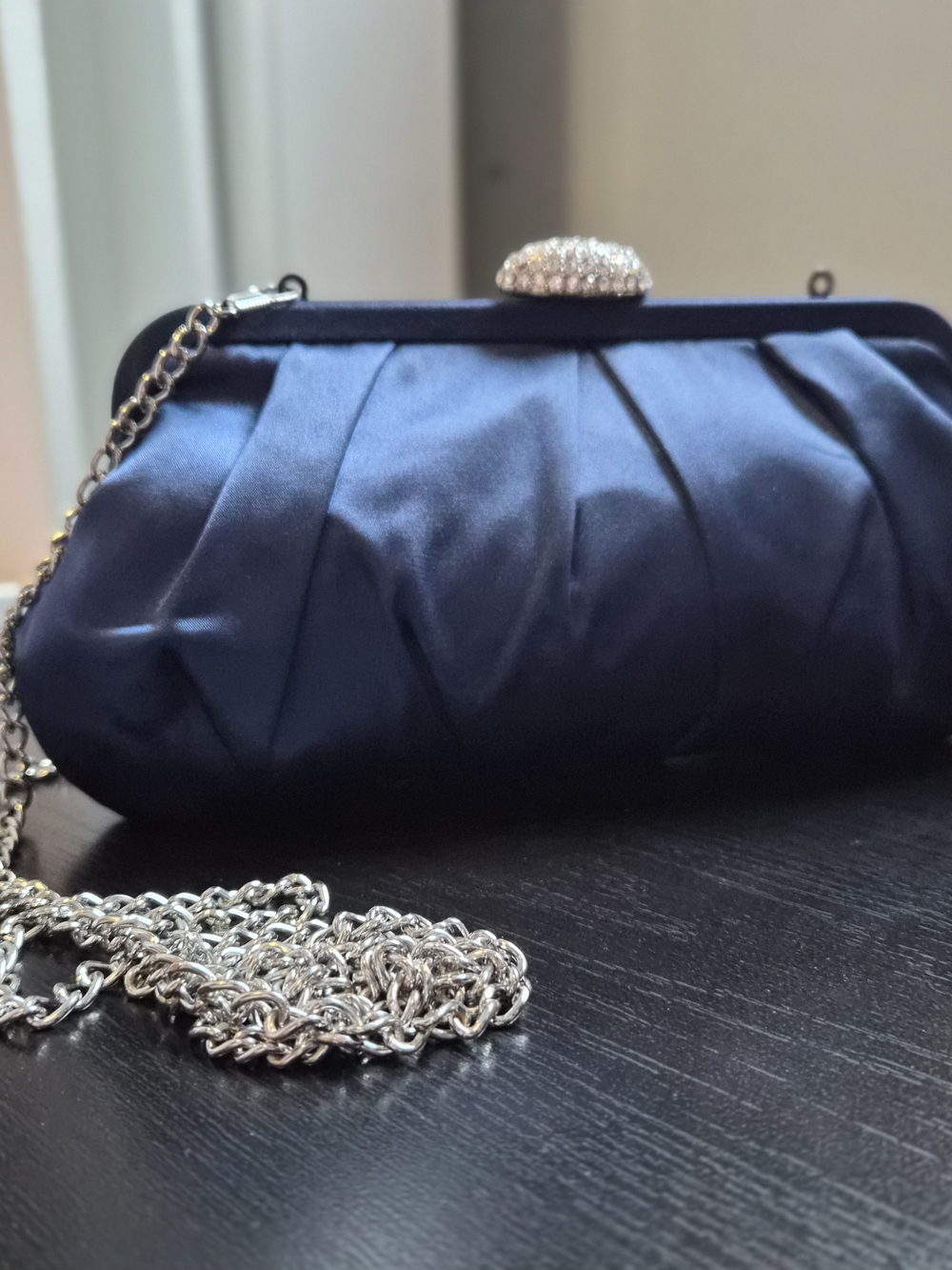 Nina Navy Satin Clutch with Rhinestone Kiss Lock